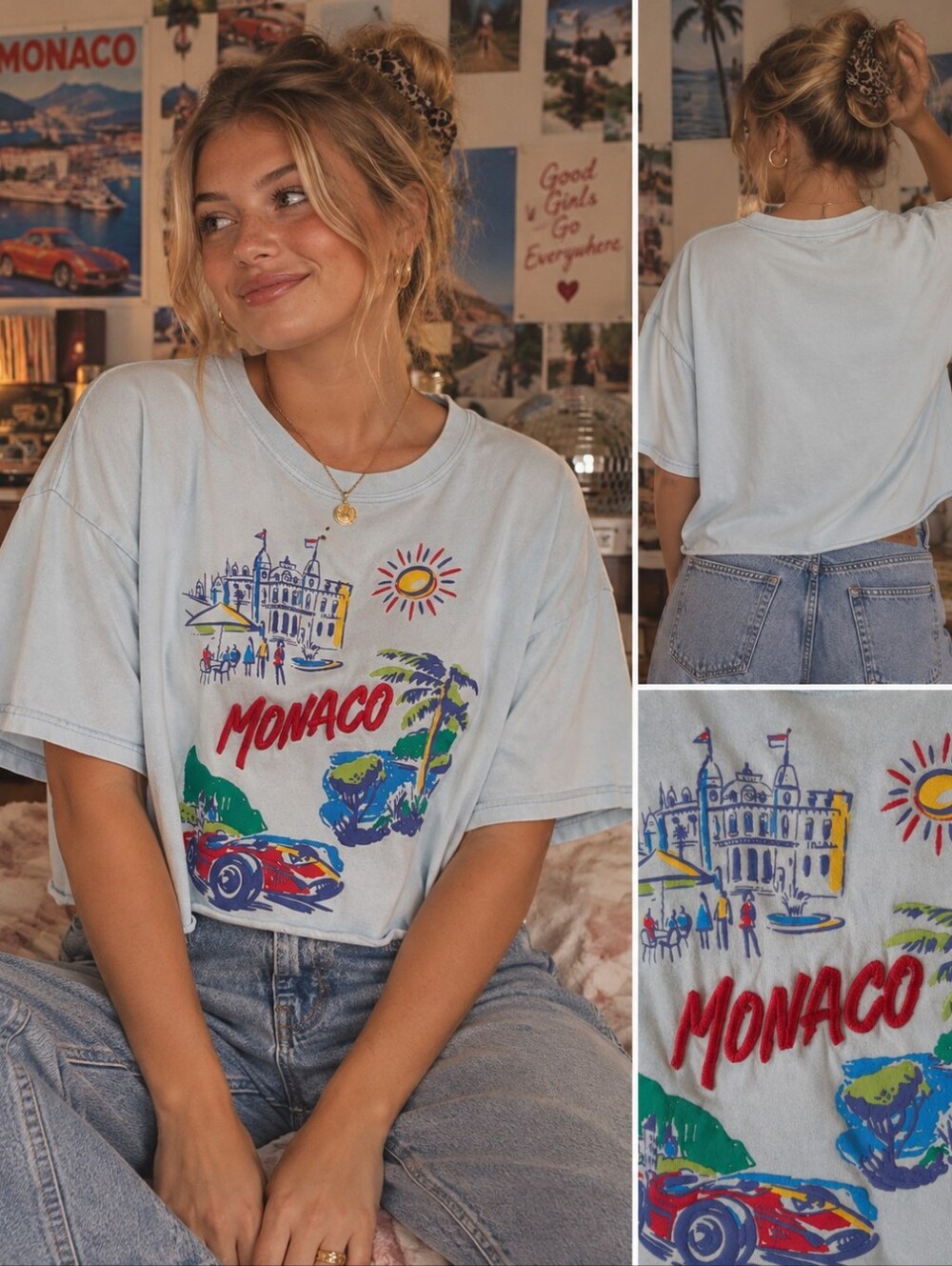 Mighty Fine Monaco Graphic Tee L Embroidered Cropped Riviera Race Car Blue